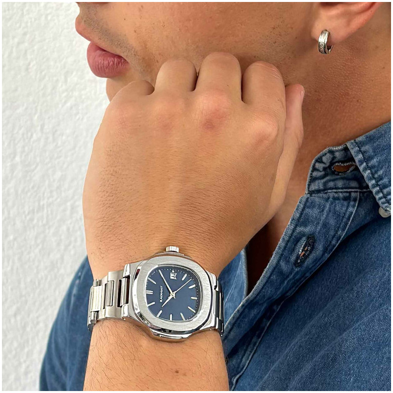 Radiant T-Time Relógio Homem Prateado Mostrador Azul Caixa Hexagonal