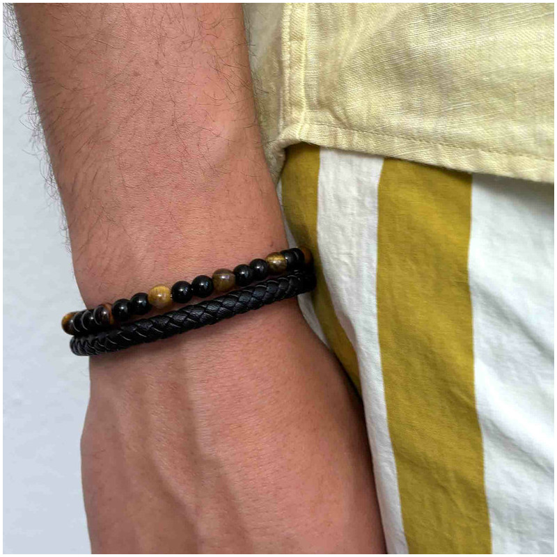 Pulseira Homem Cande Couro Castanho e Missangas