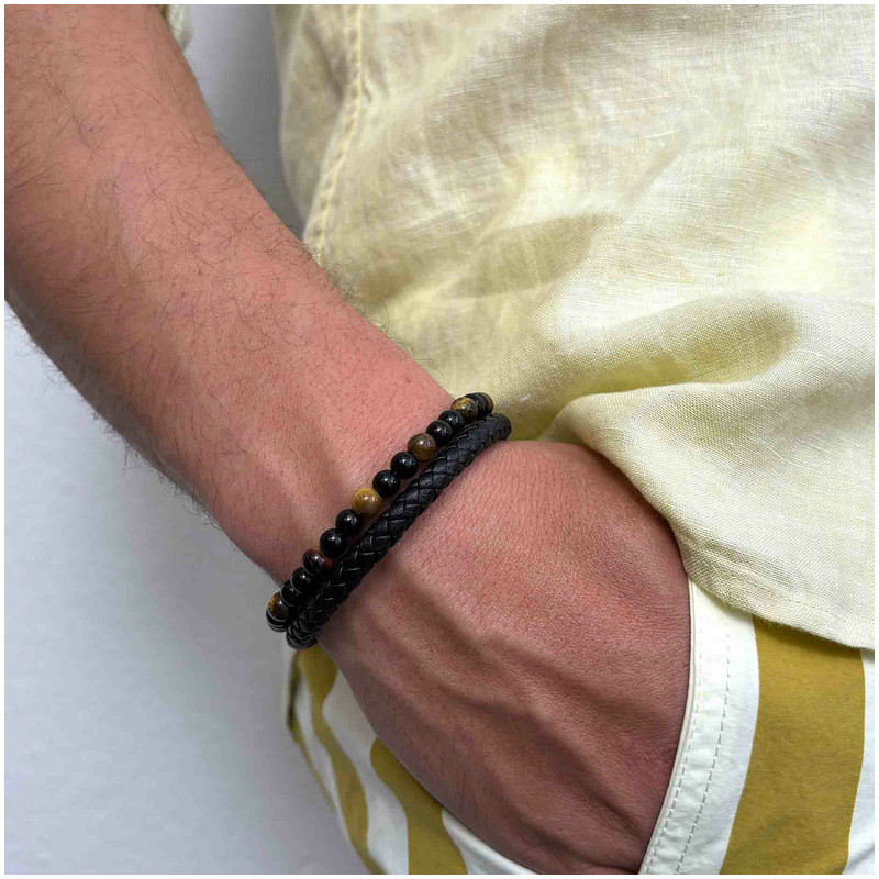 Pulseira Homem Cande Couro Castanho e Missangas