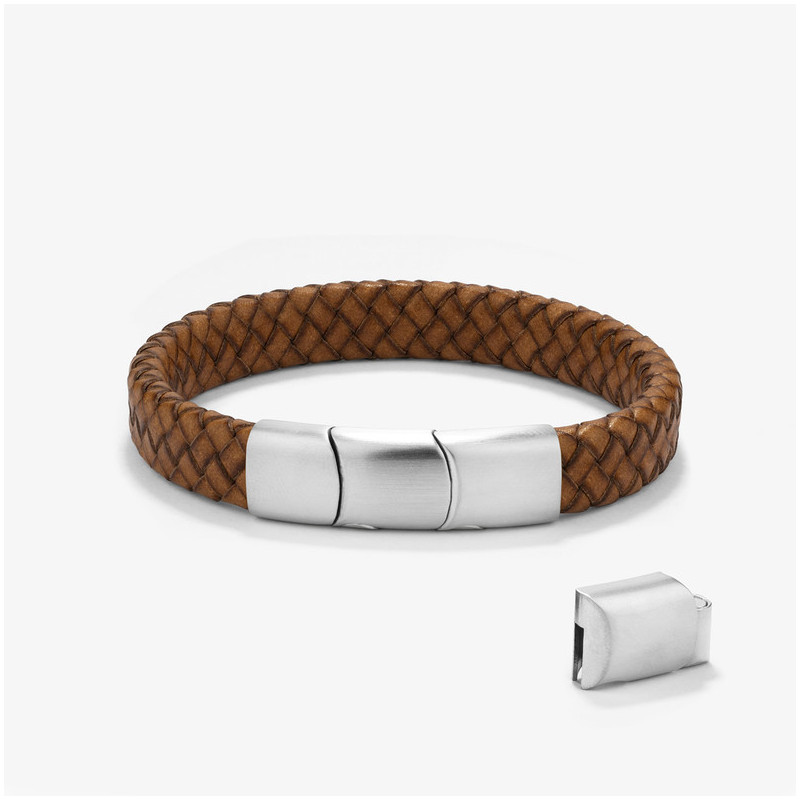 Pulseira Homem Trama Camel/Prata | Couro e Aço com Elegância