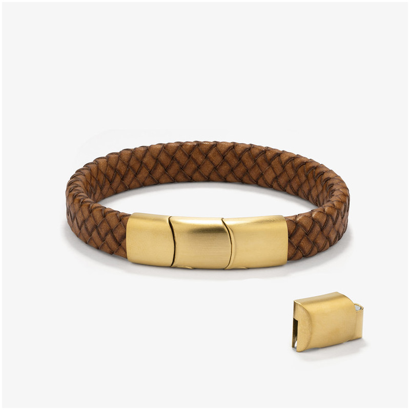 Pulseira Homem Trama Camel/Ouro | Couro e Aço Sofisticados