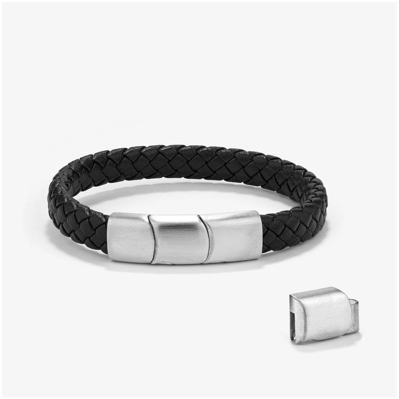 Pulseira Homem Trama Preto/Prata | Couro e Aço Atemporais