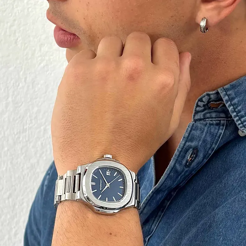 Radiant T-Time Relógio Homem Prateado Mostrador Azul Caixa Hexagonal