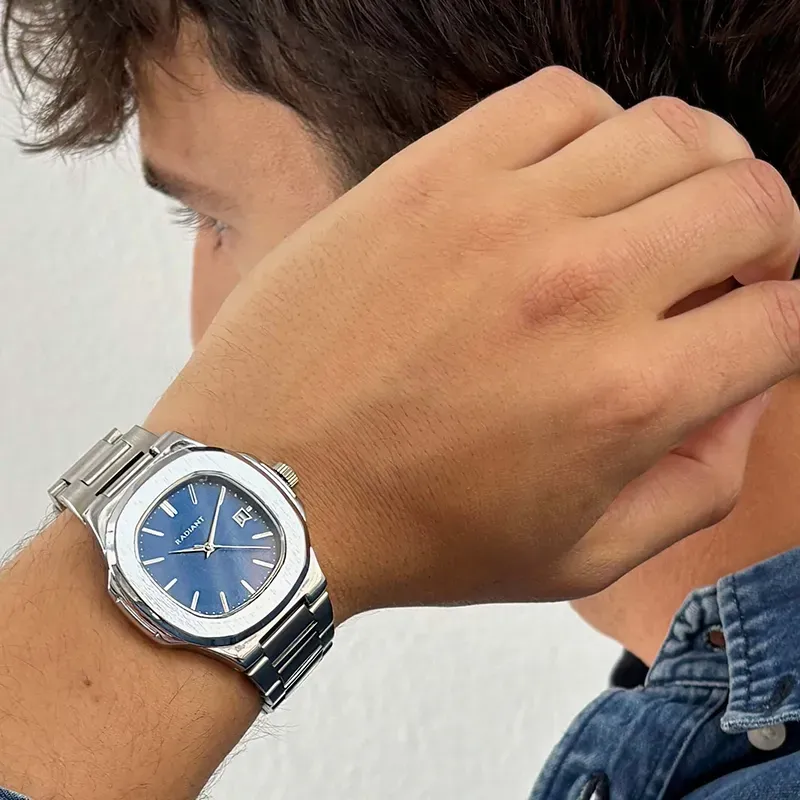 Radiant T-Time Relógio Homem Prateado Mostrador Azul Caixa Hexagonal