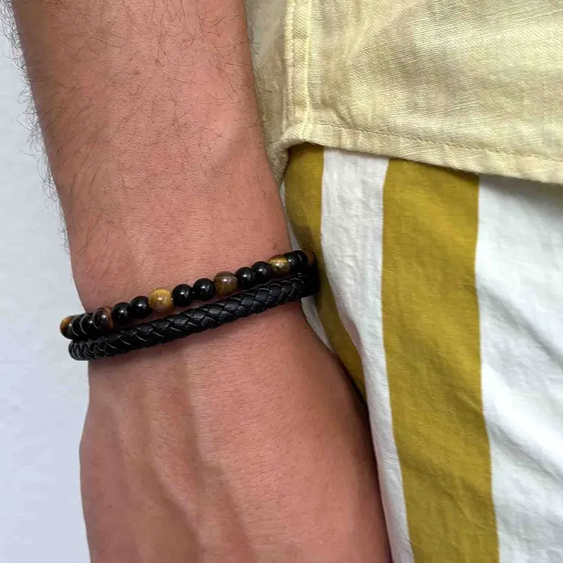 Pulseira Homem Cande Couro Castanho e Missangas