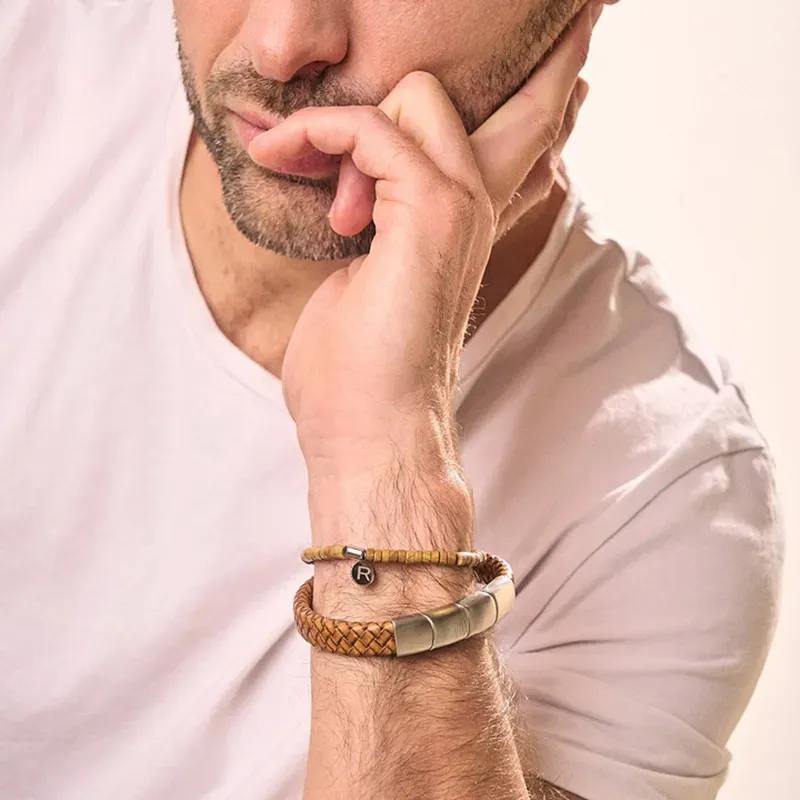 Pulseira Homem Trama Camel/Prateada | Couro e Aço com Elegância