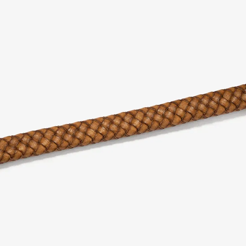 Pulseira Homem Trama Camel/Prateada | Couro e Aço com Elegância