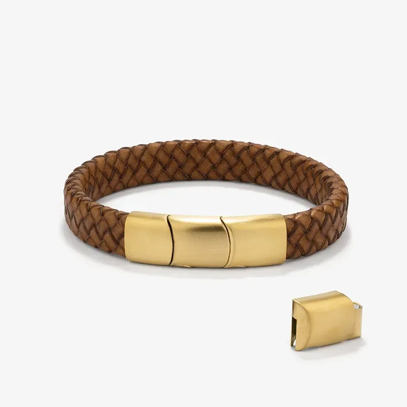 Pulseira Homem Trama Camel/Ouro | Couro e Aço Sofisticados