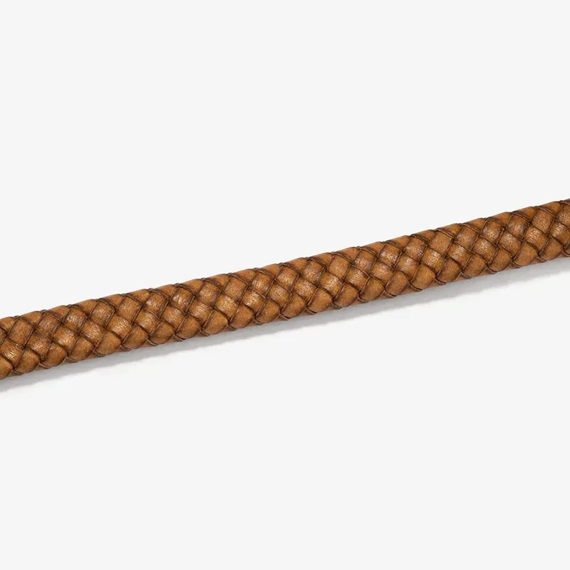 Pulseira Homem Trama Camel/Dourada | Couro e Aço Sofisticados