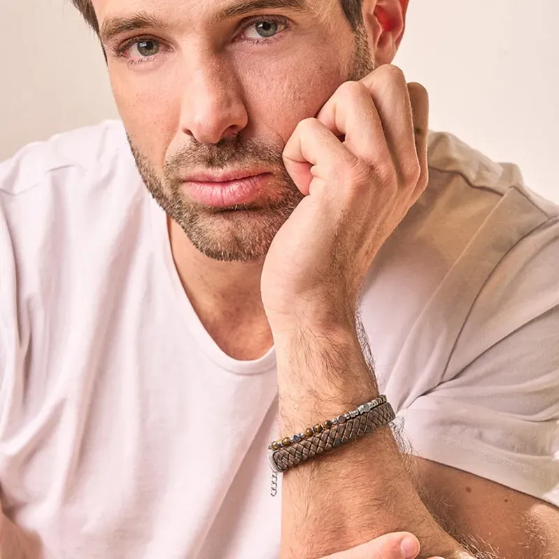 Pulseira Homem Trama Chocolate/Prateada | Couro de Alta Qualidade