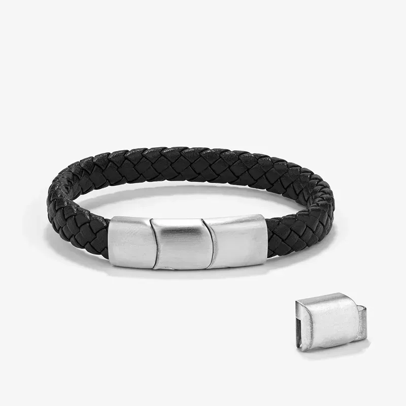 Pulseira Homem Trama Preto/Prata | Couro e Aço Atemporais