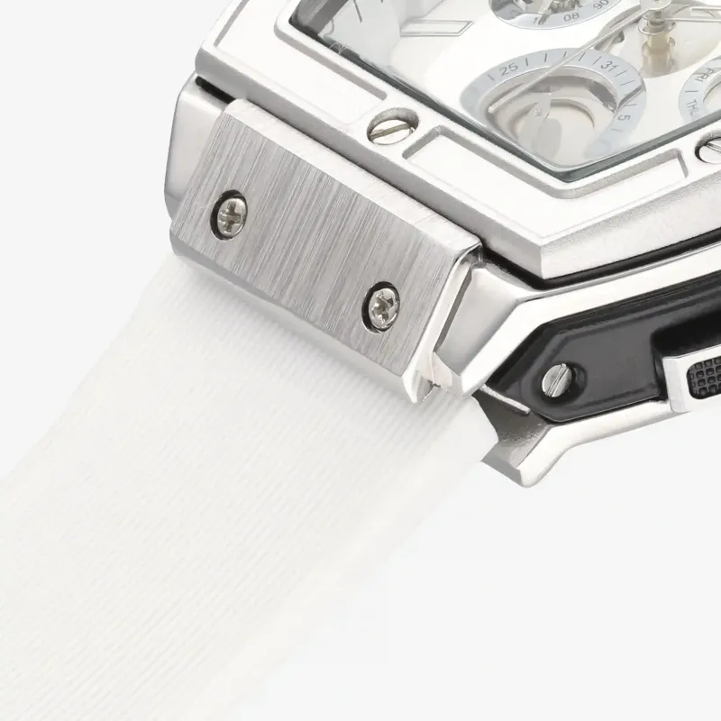 Relógio branco de homem com cronógrafo e caixa IPS. Bracelete de silic