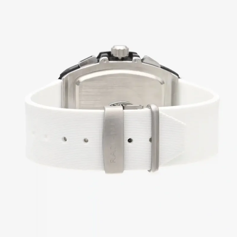 Relógio branco de homem com cronógrafo e caixa IPS. Bracelete de silic