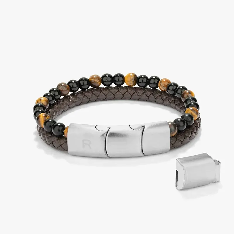 Pulseira Homem Cande Couro Preto e Missangas