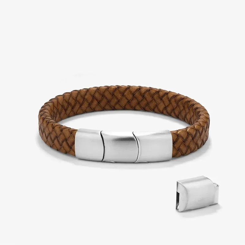 Pulseira Homem Trama Camel/Prateada | Couro e Aço com Elegância