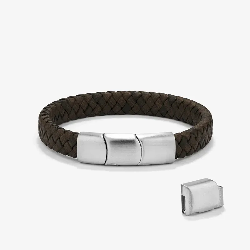 Pulseira Homem Trama Chocolate/Prateada | Couro de Alta Qualidade