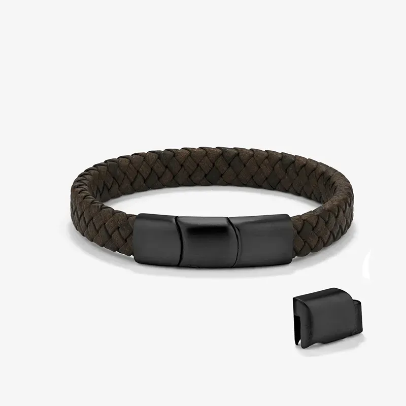 Pulseira Homem Trama Chocolate/Preto | Couro e Aço Modernos